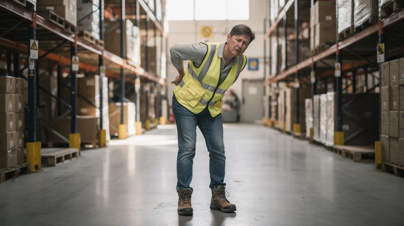 A person stands in a warehouse setting, visibly holding their lower back in discomfort, which may in