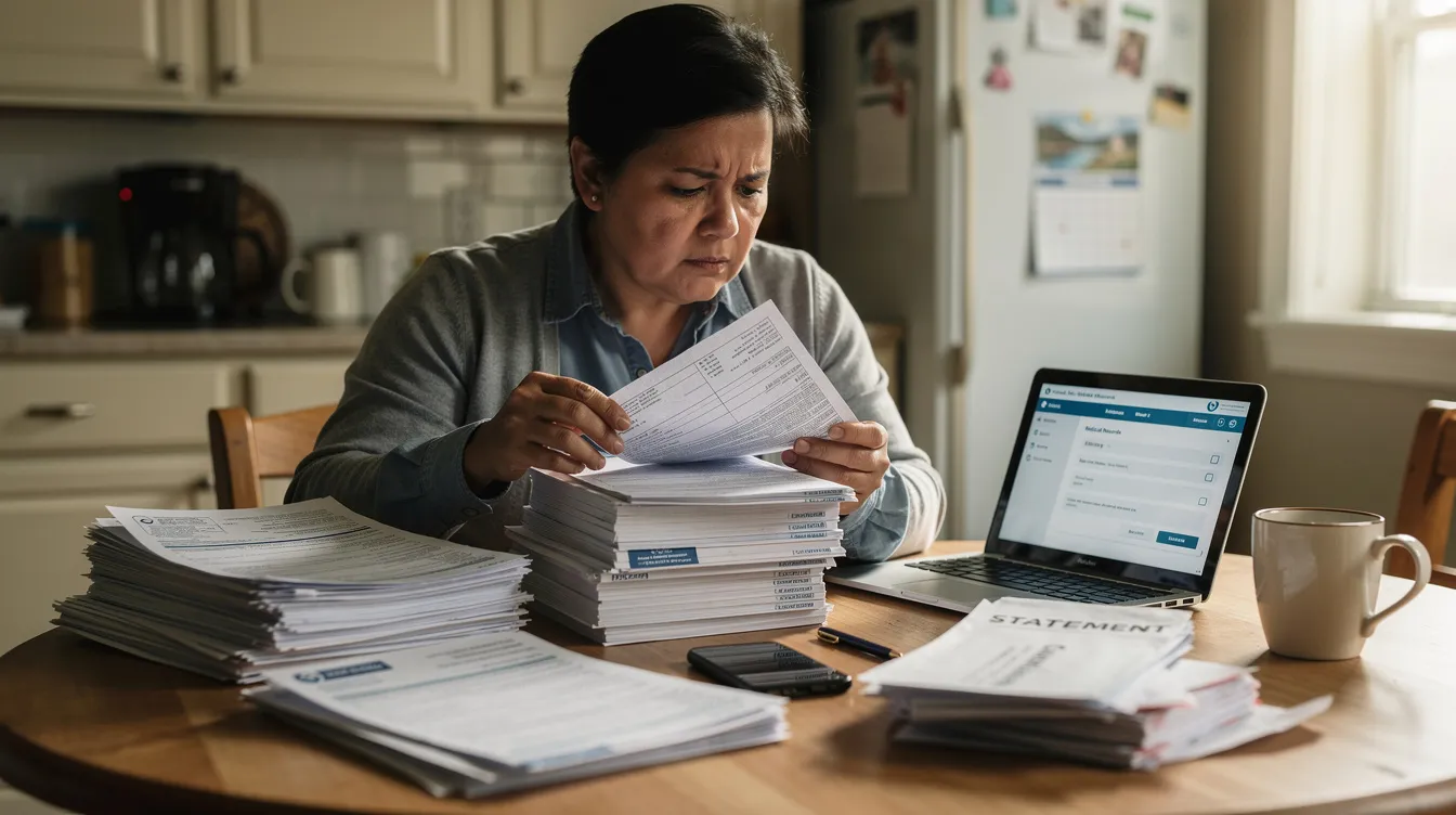 A person is sitting at a kitchen table, carefully organizing medical paperwork and documents related