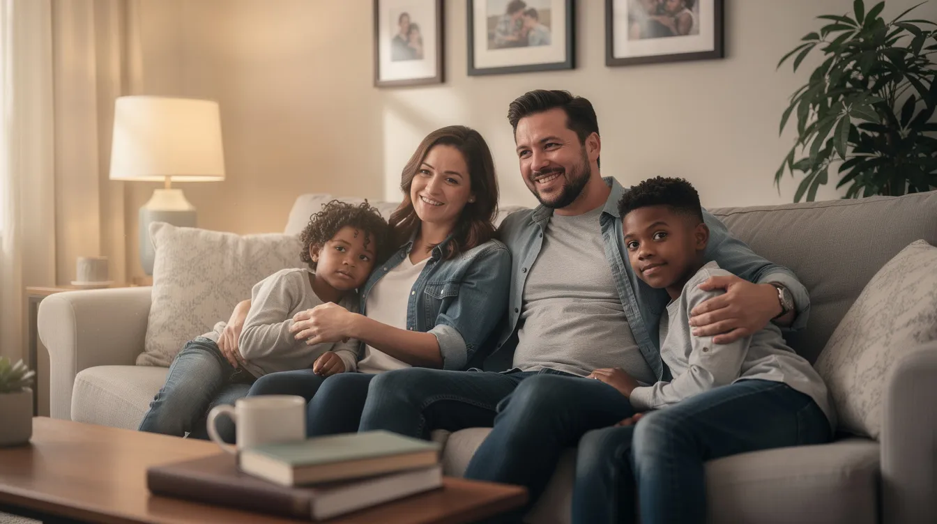 The image depicts a family sitting together in a cozy living room, exuding a sense of relief and hop
