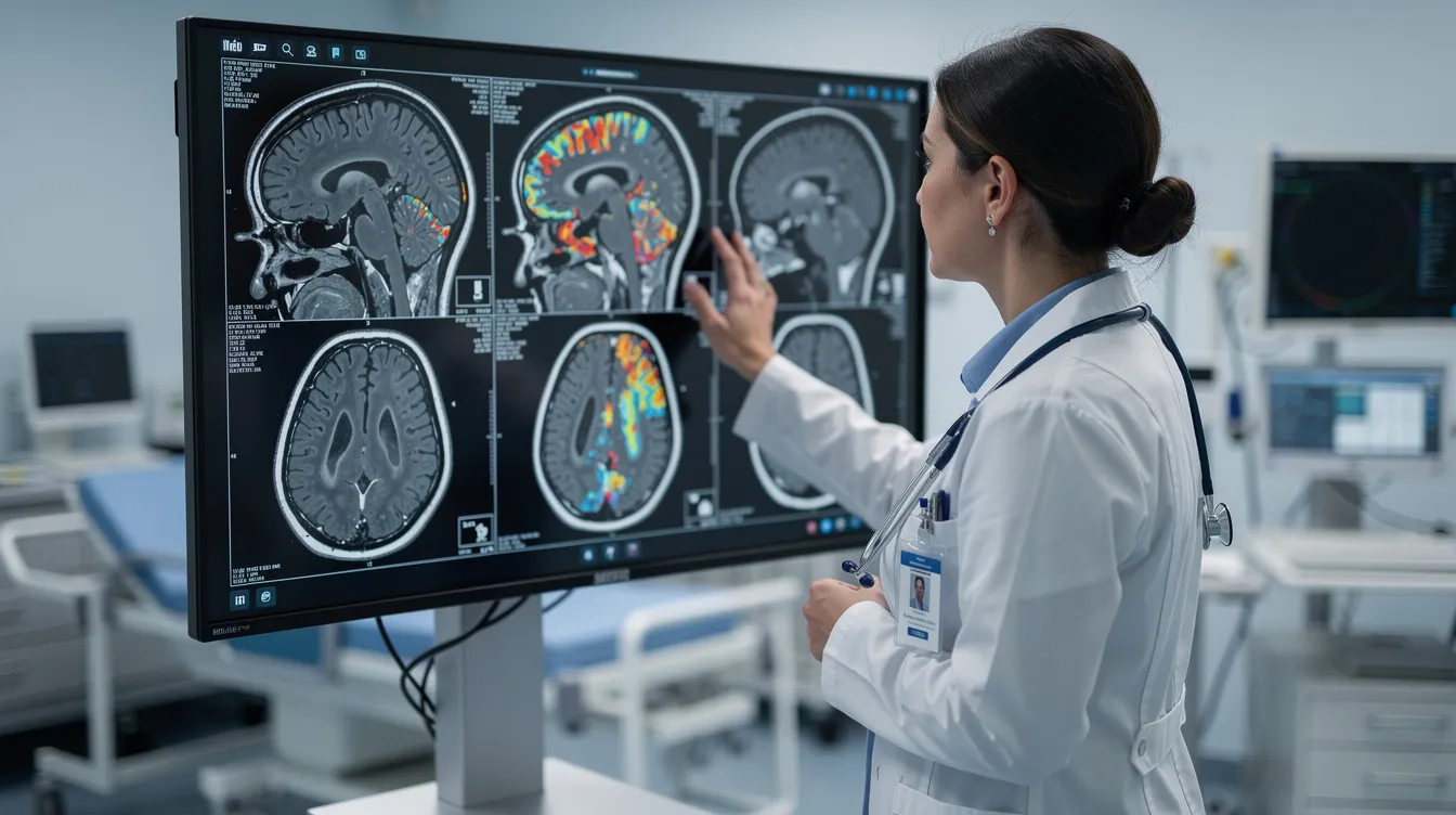 A medical professional is intently examining brain scan images displayed on a monitor, likely assess