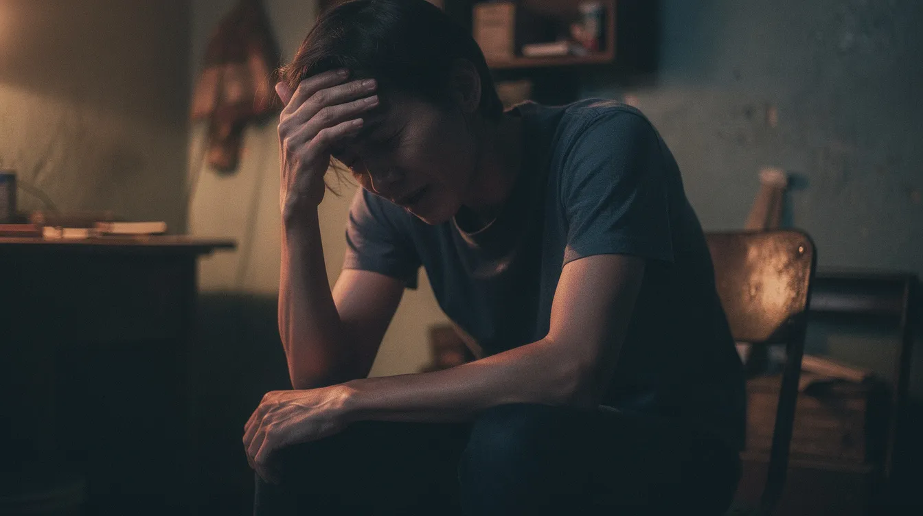 A person is sitting in a dimly lit room, holding their head with one hand and closing their eyes, cl