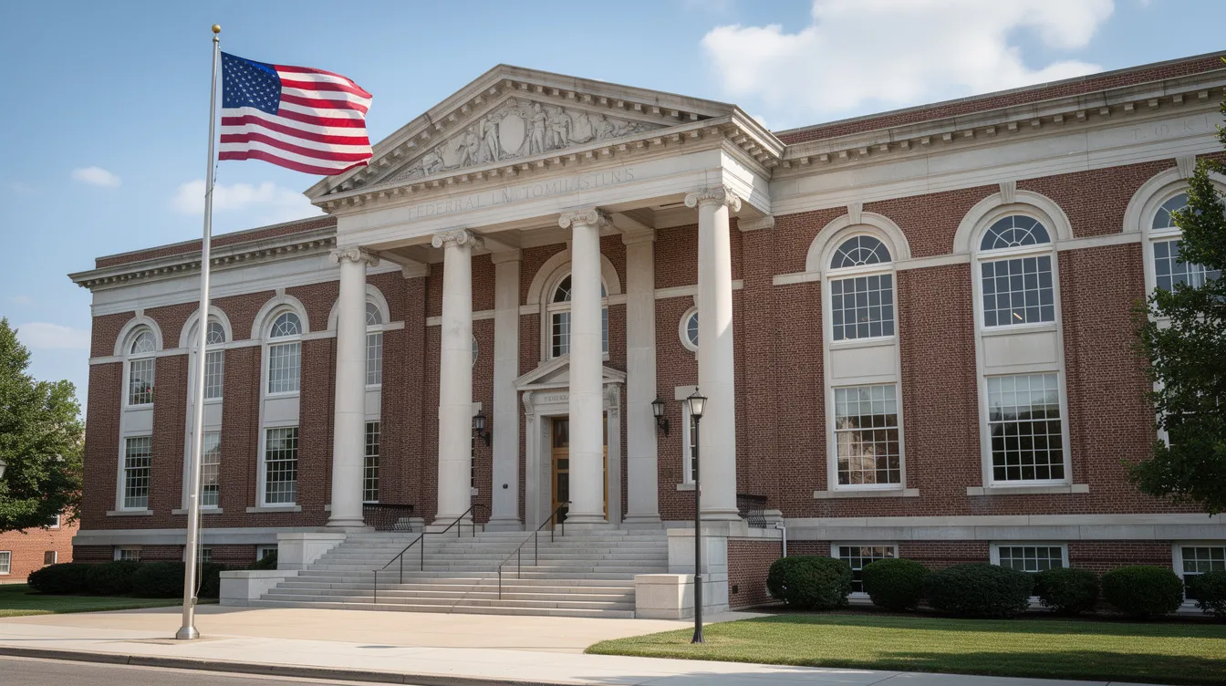 The image depicts a grand brick federal courthouse building featuring tall columns and an American f