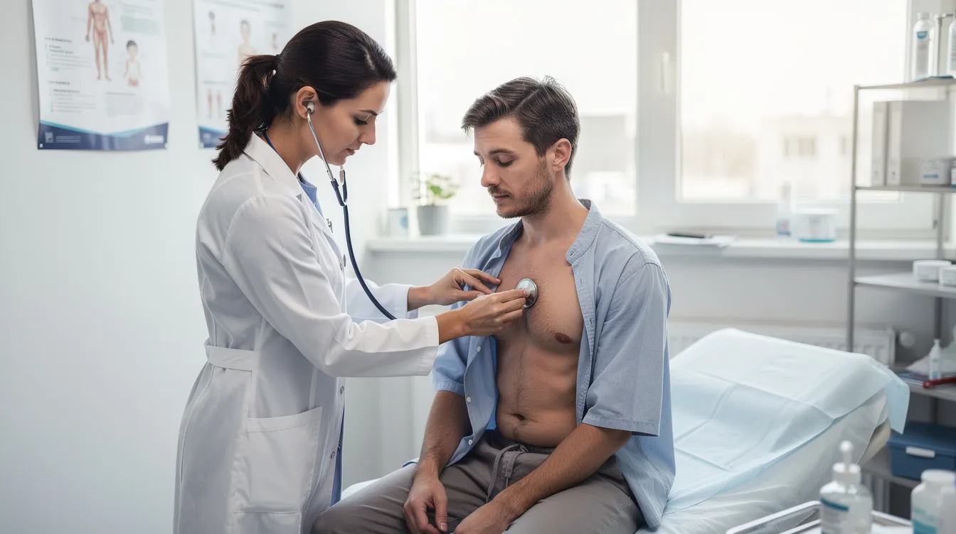A medical professional is using a stethoscope to examine a patient's chest in a clinical setting, as