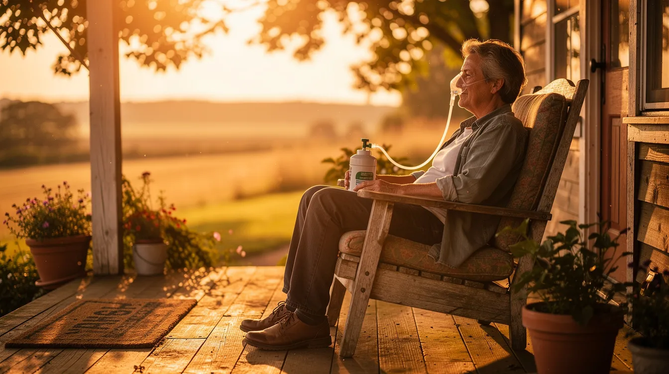 The image shows a person sitting comfortably on a sunlit porch, holding a portable oxygen tank, whic