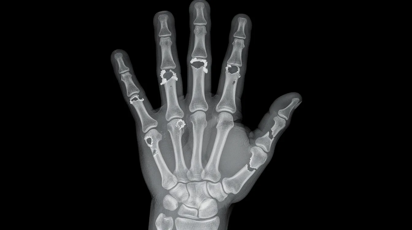 The X-ray image depicts a human hand with visible joint deterioration and bone erosion, indicative o