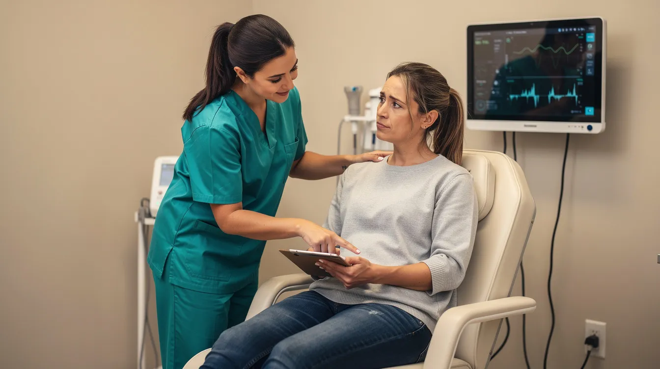 A medical professional in scrubs is assisting a seated patient in a clinical setting, likely discuss