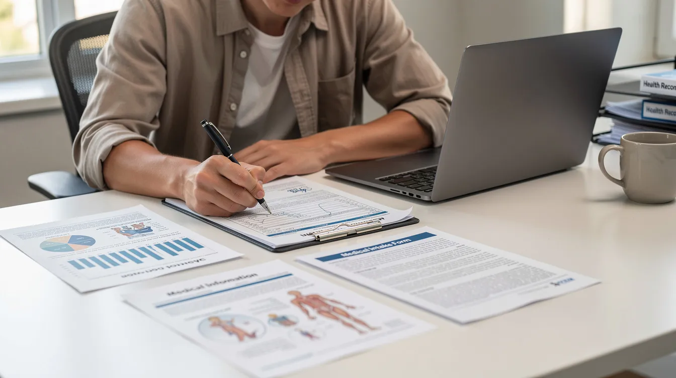 The image shows a person sitting at a desk, focused on filling out paperwork with various medical do