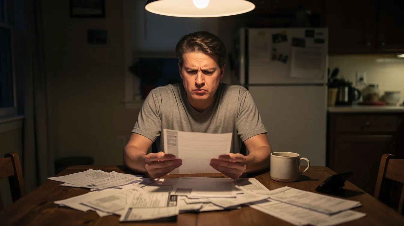 A person sits at a kitchen table, looking concerned as they review paperwork related to their social