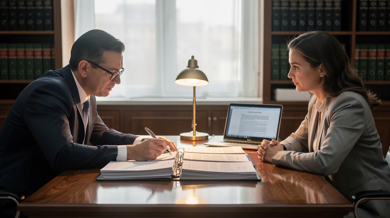 An attorney is seated at a desk, attentively reviewing documents with a client, who appears to be di