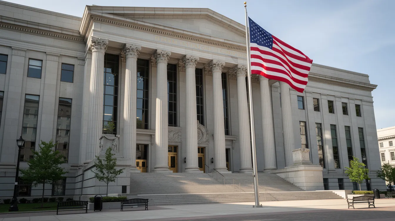 The image depicts a large federal courthouse building featuring grand columns and an American flag p