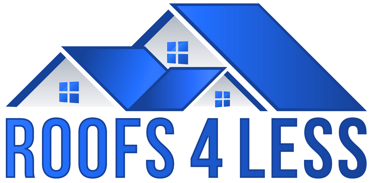 Blue roof logo with the text “ROOFS 4 LESS”