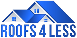 Blue roof houses logo with the text “ROOFS 4 LESS”