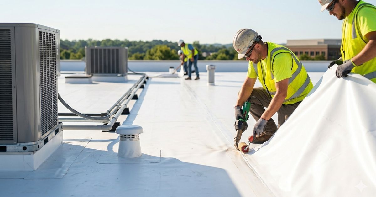 Roofing crew heat-welding seams with professional equipment