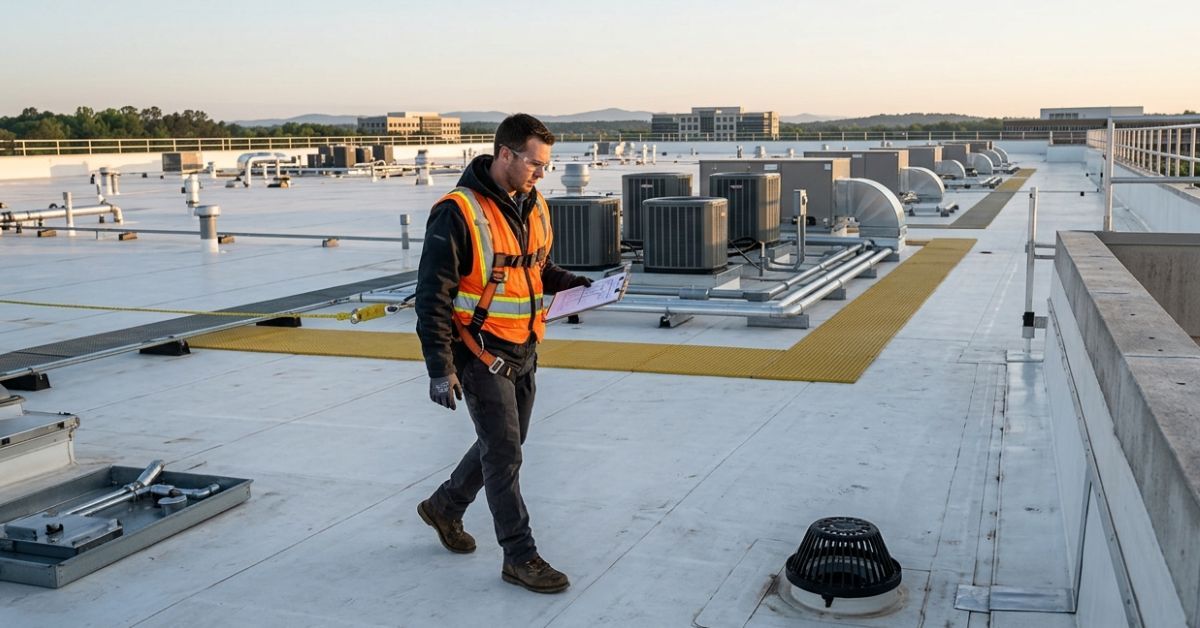 Professional commercial flat roof maintenance inspection on a large office building
