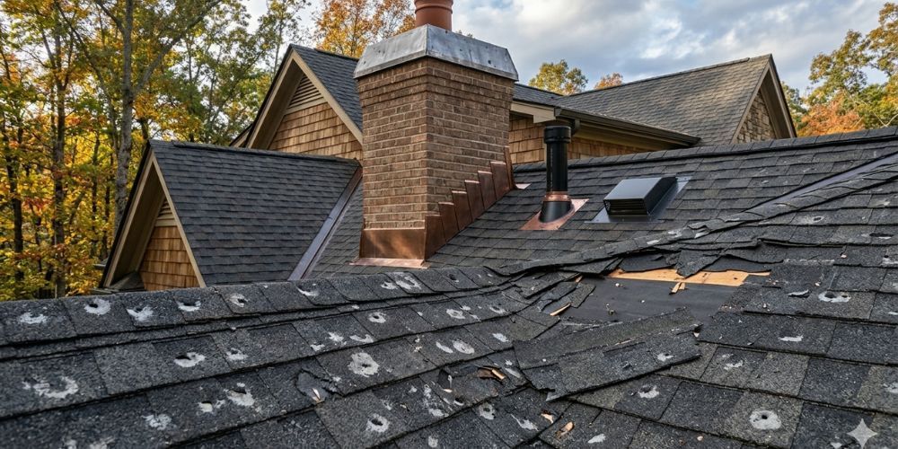 Damaged shingle roof with curling edges and missing sections near a brick chimney on a house