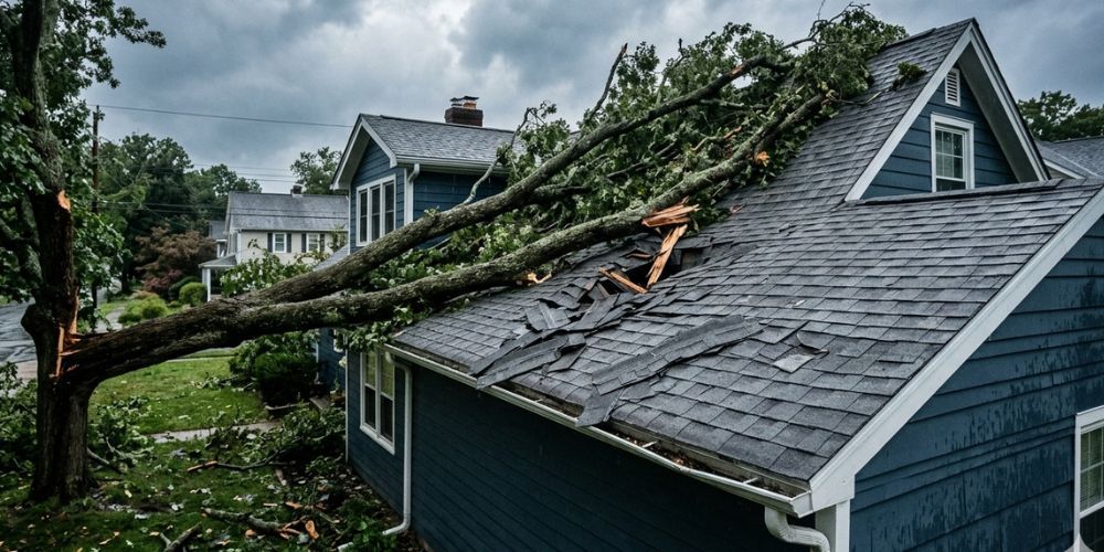 Storm-damaged blue house with a tree fallen across the roof in a wet, wooded neighborhood