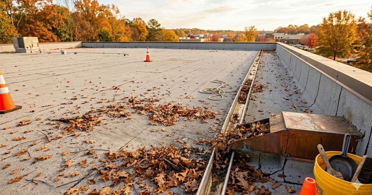 Commercial flat roof in Cumming during autumn with fallen oak leaves and debris