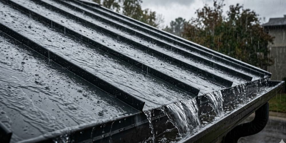 Rainwater flowing off a black corrugated metal roof gutter