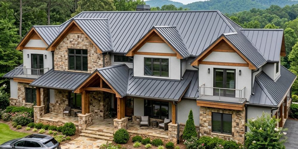 Modern two-story stone and siding house with gray metal roof and front porch