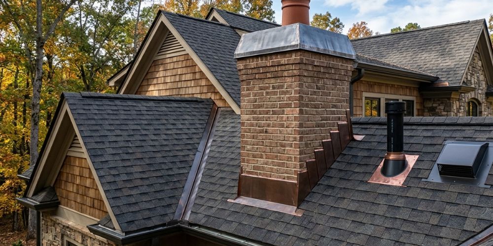 Brick chimney and dark shingle roof on a rustic house with dormer windows and autumn trees behind
