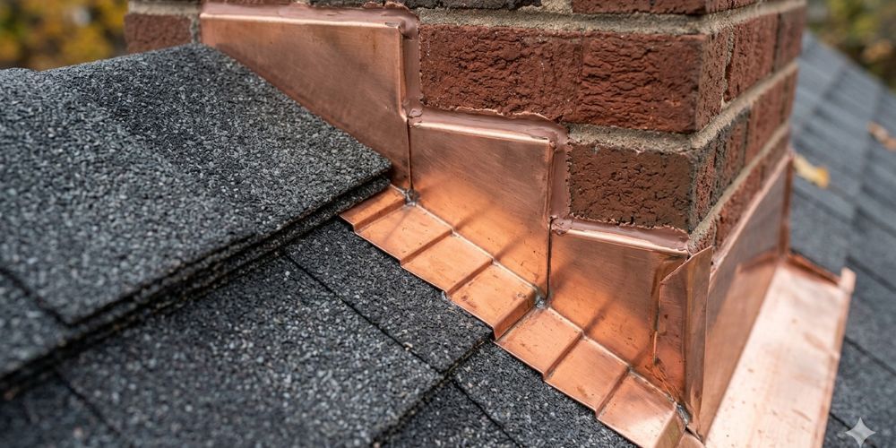 Close-up of a copper chimney flashing with red brick and dark roof shingles
