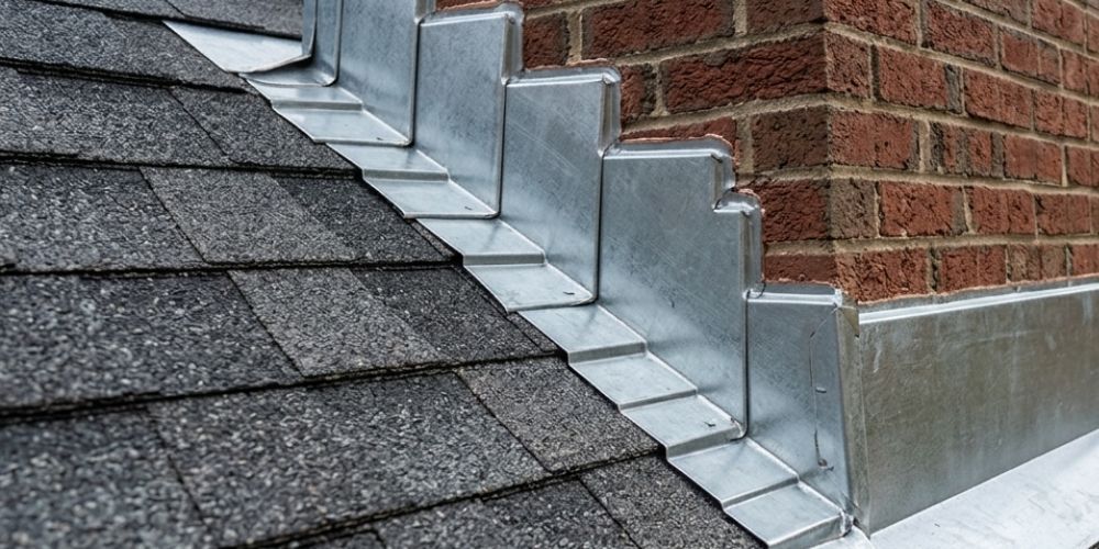 Slate roof shingles beside metal flashing along a brick wall