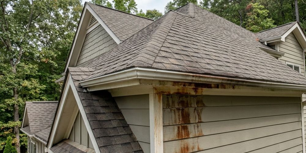 House roof with rust-stained siding and a dormer, viewed from the side against trees