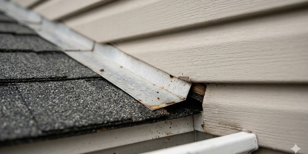 Damaged roof edge with a bent white gutter flashing over gray shingles