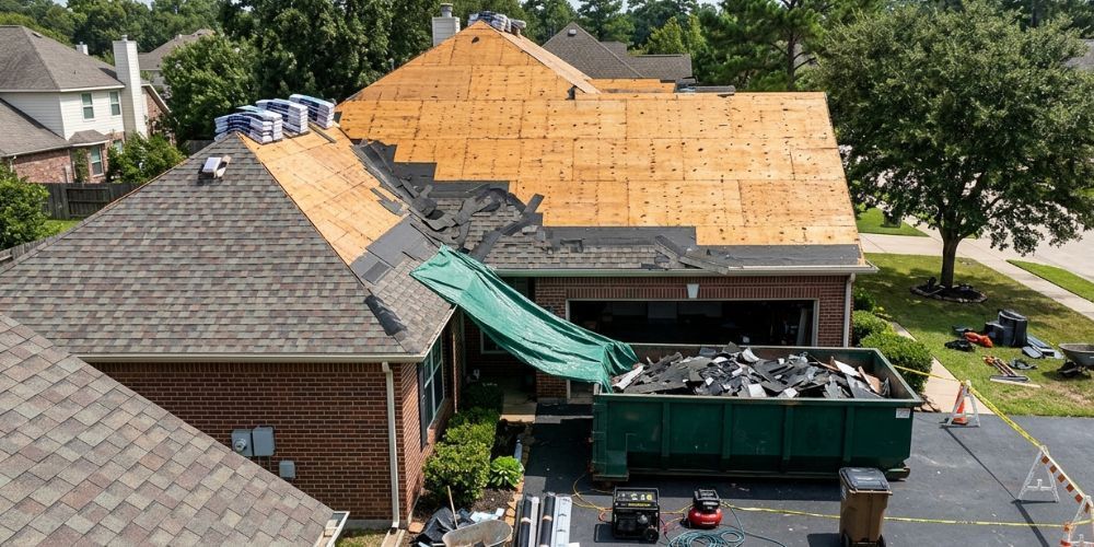 Roof replacement in progress on a house, with exposed plywood and a dumpster below