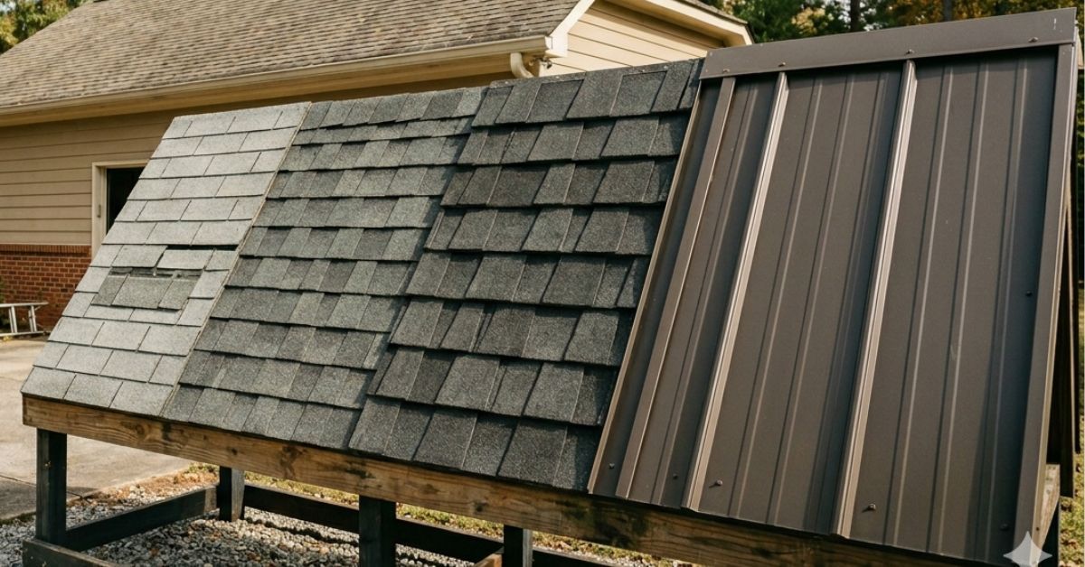 Roofing sample board showing three roof finishes: gray shingles, brown shingles, and dark metal panels.