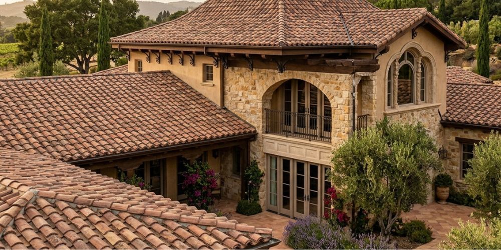 Large stucco house with terracotta roof and arched windows surrounded by trees and landscaping