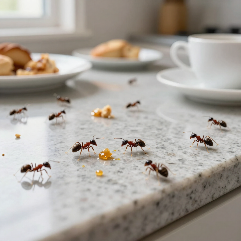 OutLook Pest Management offers pest control services to Wilsonville, Tualatin, Tigard, Canby, Hubbard and surrounding Towns Ants on a Wilsonville, OR Countertop goin after food.