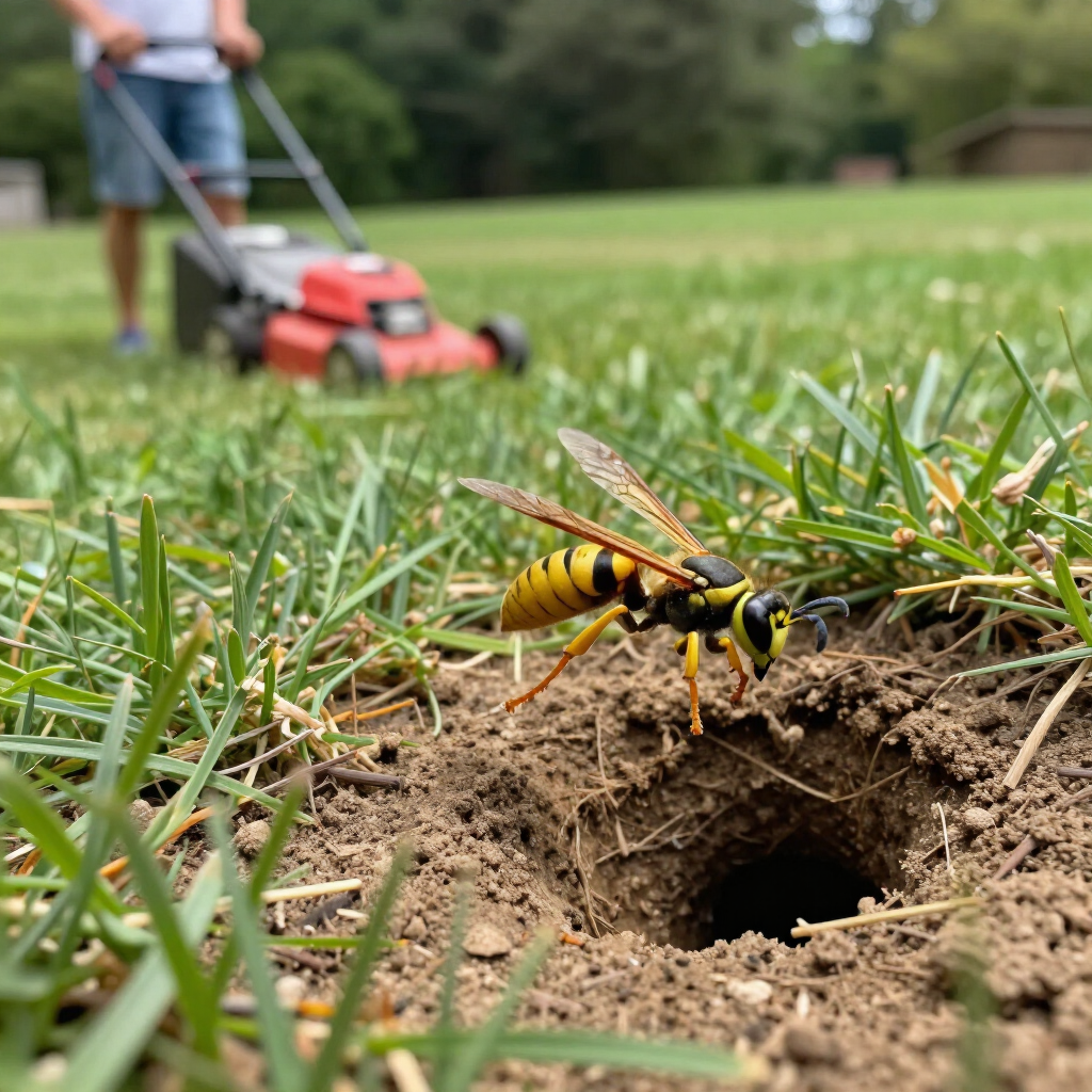 We offer pest control services in Carus, Oregon and surrounding towns! Yellow jacket going into ground nest while someone mows lawn and not seeing it.