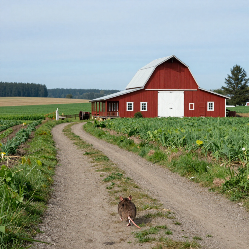 Rat running towards a barn in Hubbard, Oregon