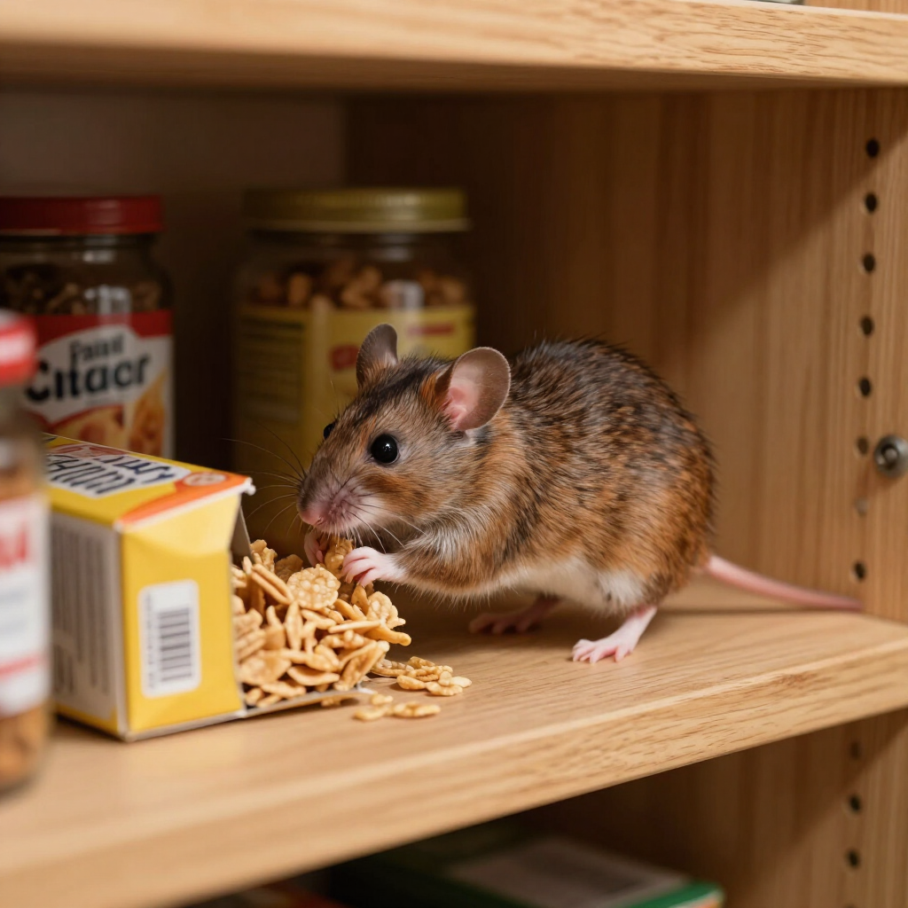 Mouse eating food inside a pantry in an Oregon home, highlighting the need for professional rodent removal and exclusion services.