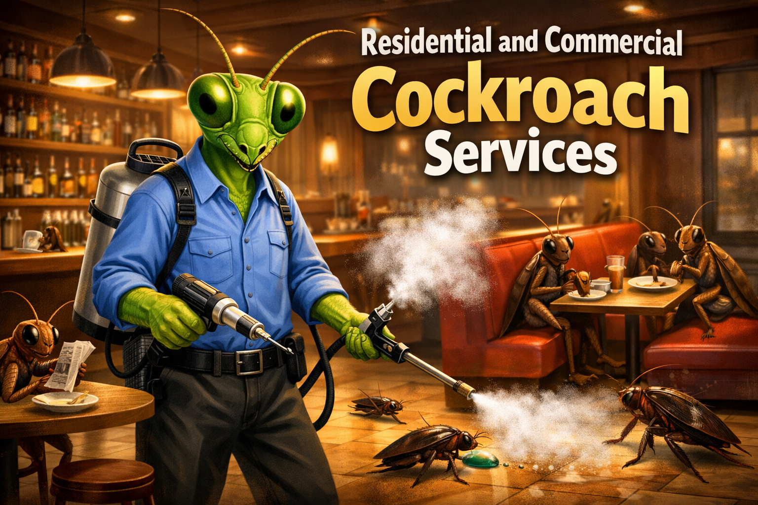 Manny the mantis inside a restaurant treating for roaches.