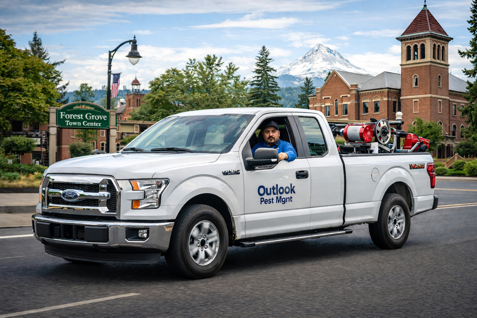OutLook pest control technician driving white Ford F150 with OutLook Pest Management logo and equipment through Forest Grove Oregon near Pacific University providing local pest control services
