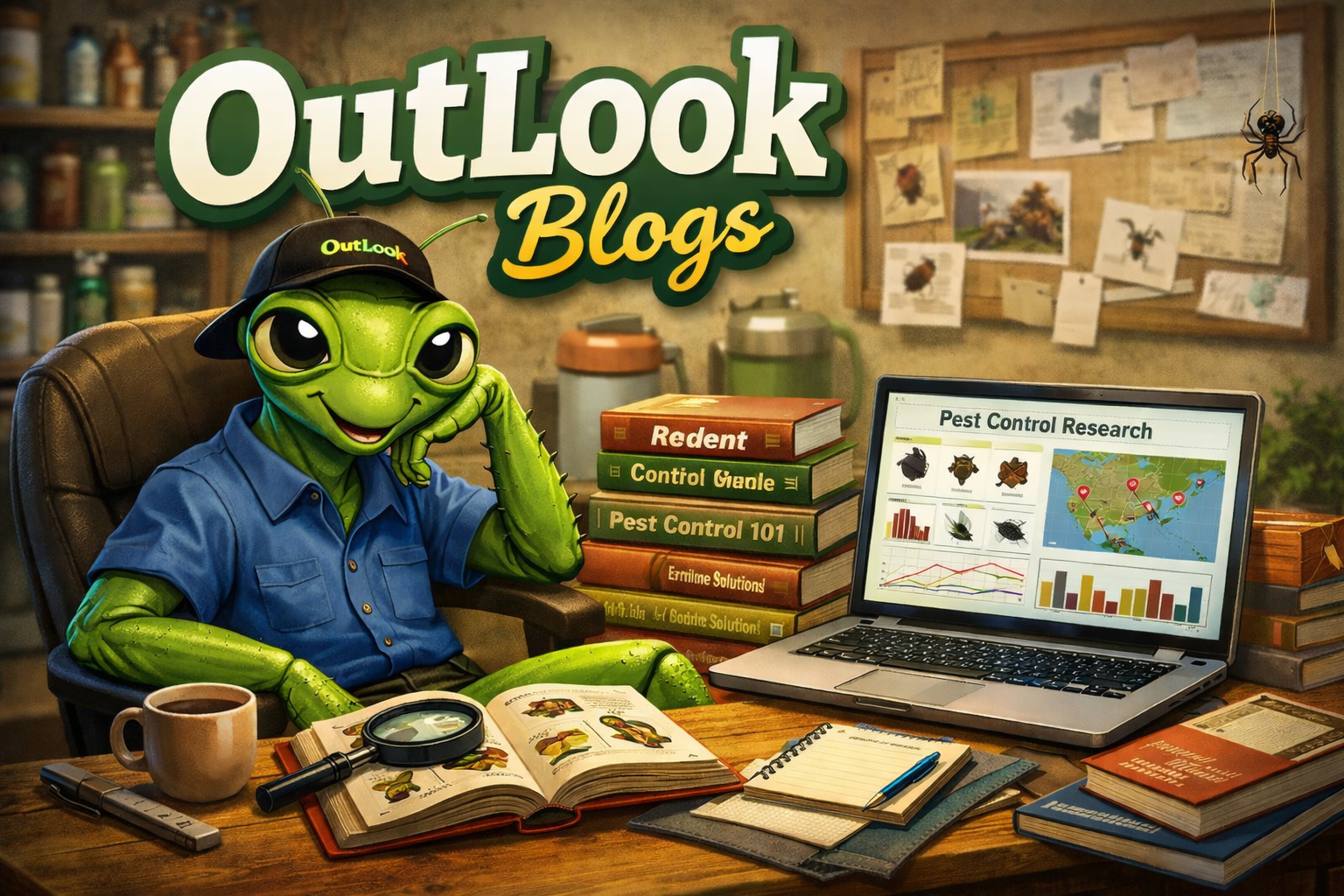 OutLook Blogs โ Pest control tips, research, and guides from OutLook Pest Management. Cartoon Manny the Mantis wearing a blue button-up shirt and black OutLook Pest Management hat sitting at a desk with pest control books and laptop researching pest control information for OutLook Blogs.