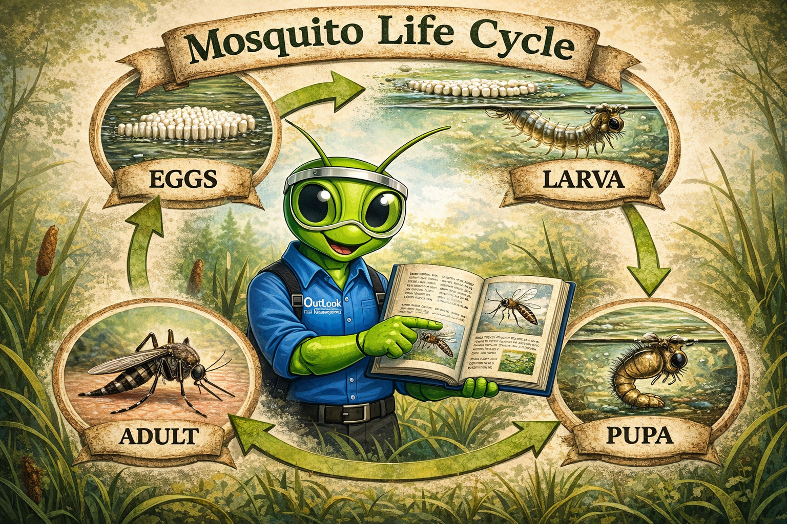 Educational mosquito lifecycle diagram featuring Manny the Mantis explaining eggs, larva, pupa, and adult mosquito stages for Oregon homeowners. Realistic mosquito life cycle chart showing eggs, larva, pupa, and adult stages surrounding cartoon Manny the Mantis holding a mosquito guidebook in an outdoor Oregon setting.