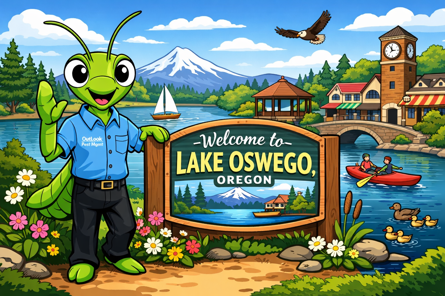 Manny the Mantis standing next to the Welcome to Lake Oswego City sign
