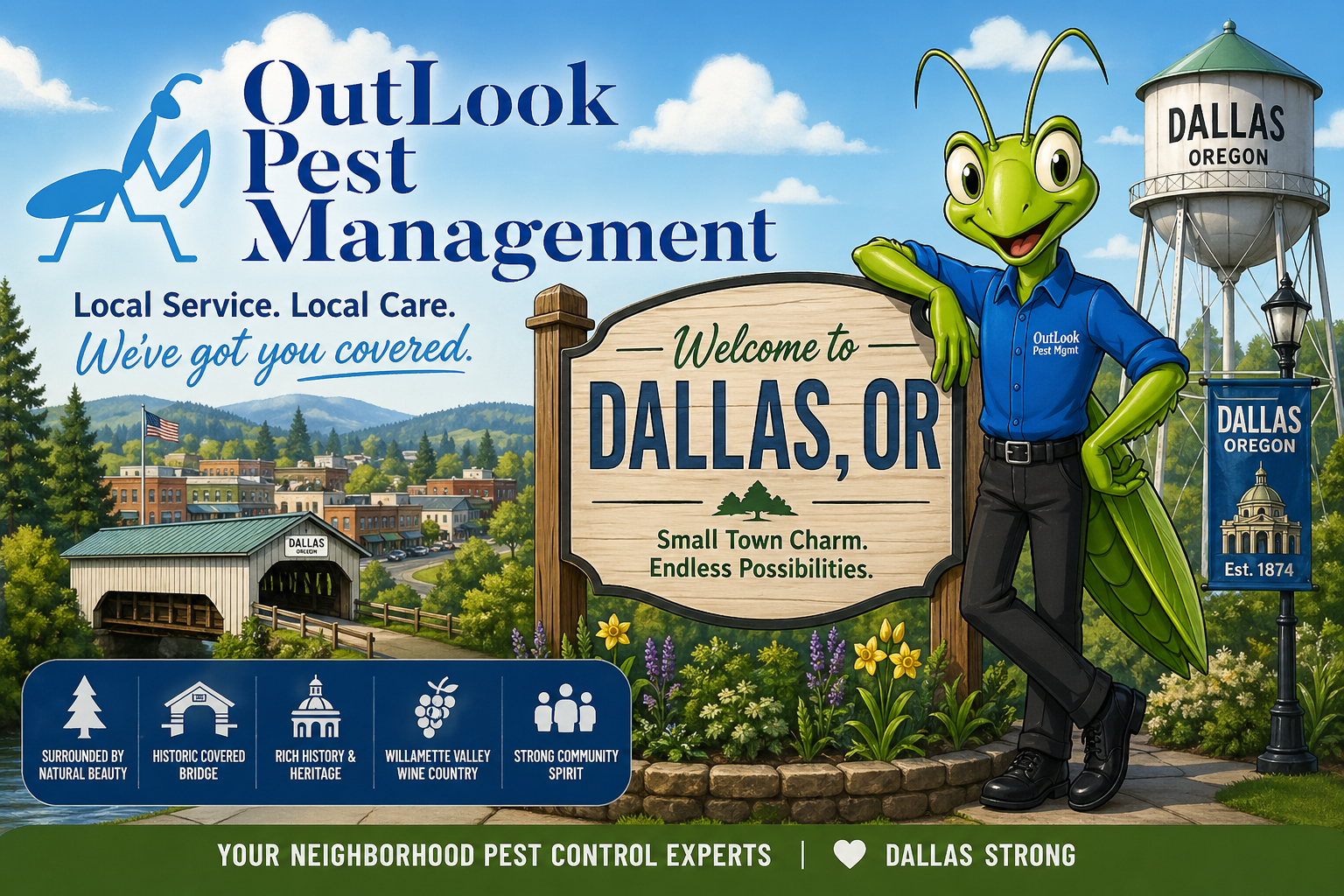 OutLook Pest Management cartoon banner for Dallas, Oregon pest control services Cartoon landing page banner for OutLook Pest Management featuring Manny the Mantis in a blue uniform and black pants standing beside a “Welcome to Dallas, OR” sign, with Oregon scenery, small-town buildings, a water tower, covered bridge, trees, flowers, and Willamette Valley imagery.