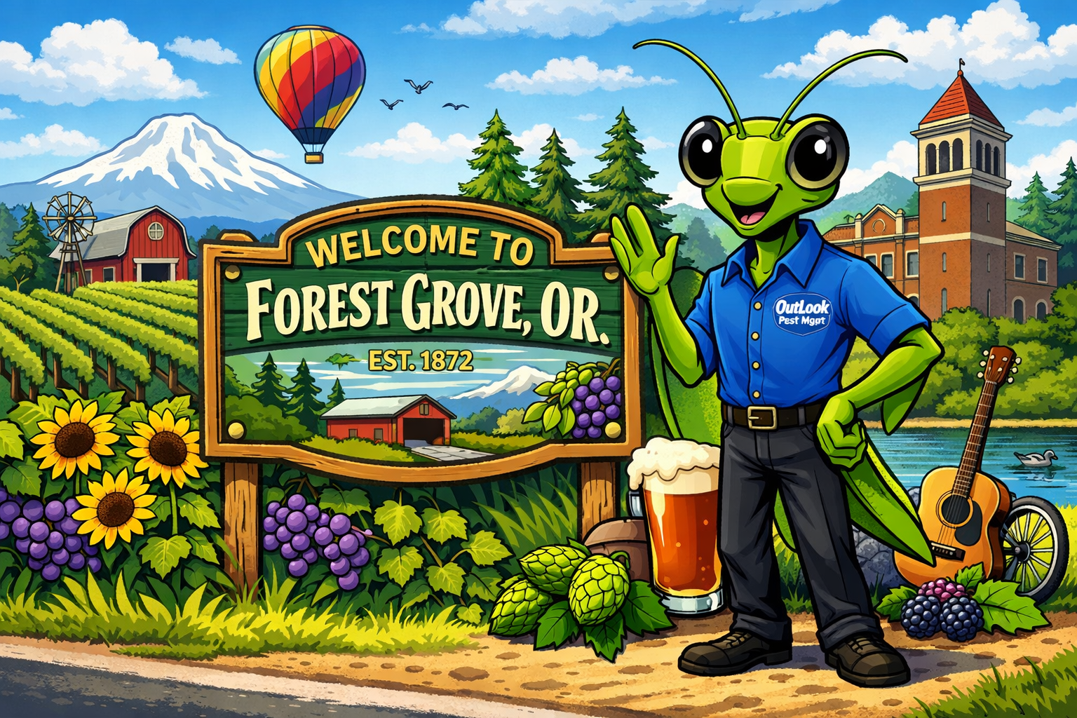 Cartoon Manny the Mantis in blue OutLook Pest Mgmt shirt standing next to Welcome to Forest Grove Oregon sign with vineyards, Mt Hood, Pacific University and Oregon scenery representing local pest control services