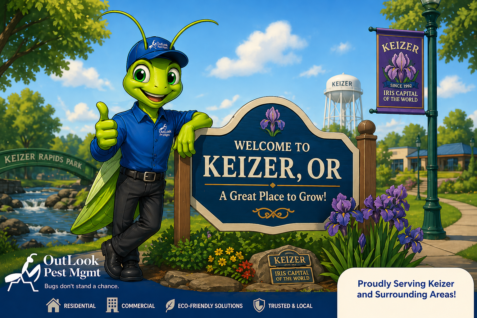 Welcome to Keizer, Oregon β OutLook Pest Management proudly provides professional, reliable local pest control for homes and businesses in Keizer and surrounding communities. OutLook Pest Management Keizer Oregon pest control banner with Manny the Mantis mascot by Welcome to Keizer sign, featuring Keizer Rapids Park, iris flowers, and local landmarks for residential and commercial pest control in Keizer OR.