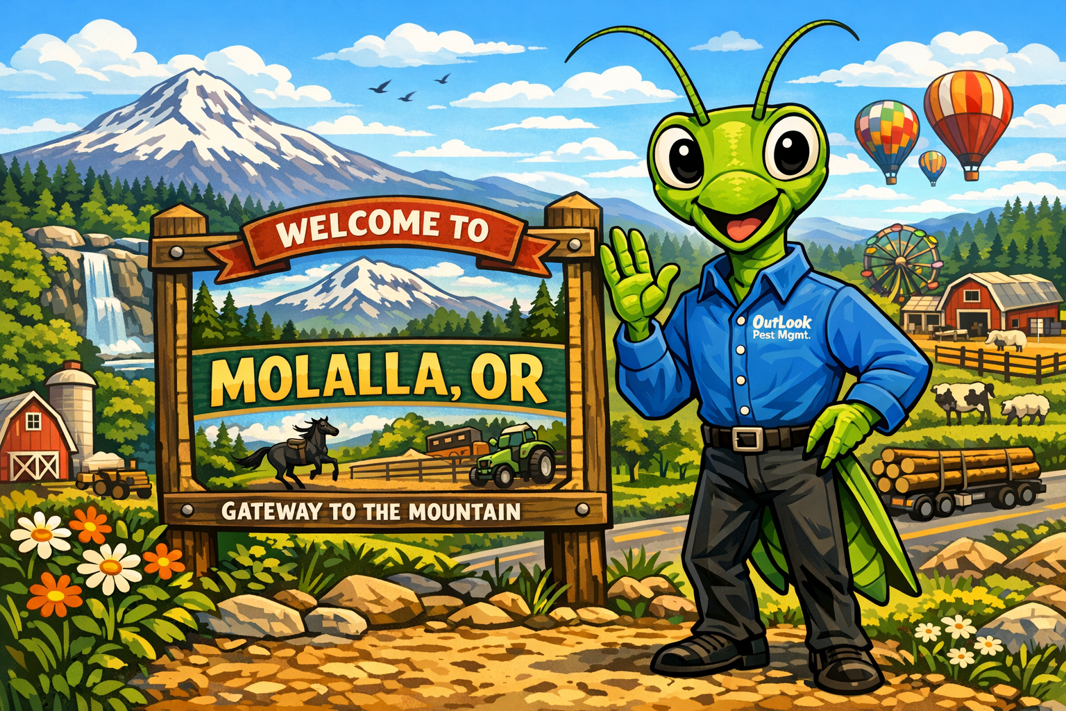OutLook Pest Management proudly serving Molalla OR with Manny the Mantis in a scenic rural Oregon setting Local exterminator Molalla Oregon OutLook Pest Management Manny the Mantis banner with Oregon countryside farms rodeo and mountain views