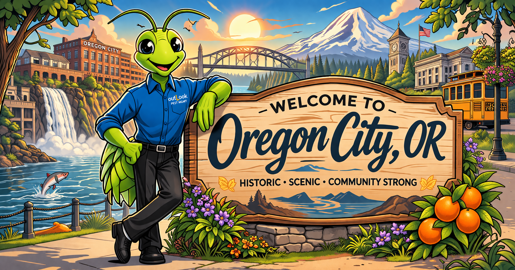 Local pest control in Oregon City, OR – OutLook Pest Management proudly serving homes and businesses near Willamette Falls and throughout Clackamas County Cartoon Manny the Mantis from OutLook Pest Management wearing a blue uniform standing next to a “Welcome to Oregon City, OR” sign with Willamette Falls, historic downtown, and Mount Hood in the background representing local pest control services in Oregon City Oregon