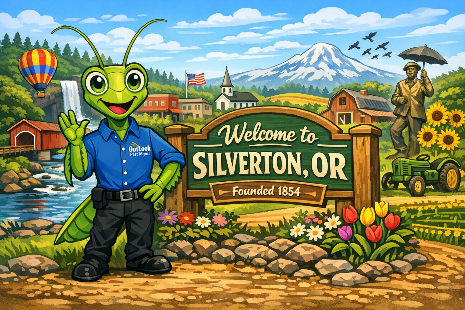 Manny the Mantis welcoming you to Silverton, Oregon – local pest control services by OutLook Pest Management OutLook Pest Management mascot Manny the Mantis at Welcome to Silverton OR sign with Silver Falls State Park and rural Oregon scenery