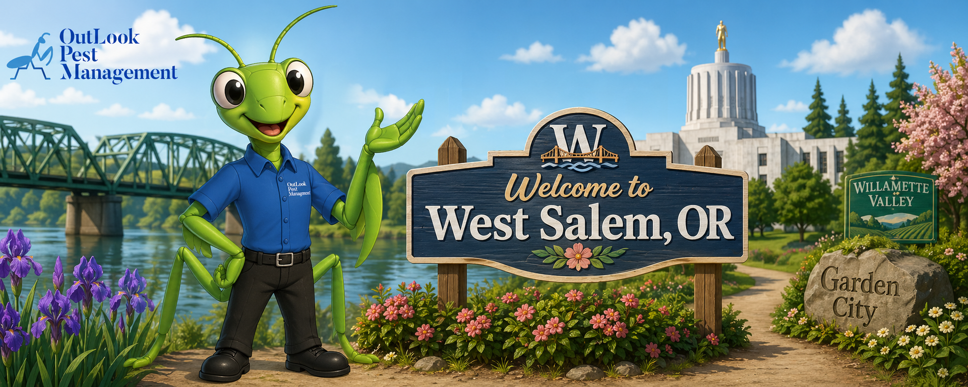 OutLook Pest Management proudly serving West Salem, OR with local pest control for ants, spiders, rodents and wasps — no contracts ever. Cartoon Manny the Mantis wearing a blue OutLook Pest Management shirt and black pants standing beside a Welcome to West Salem, Oregon sign with the Willamette River, bridge, Oregon landmarks and local scenery in a fun pest control service banner.
