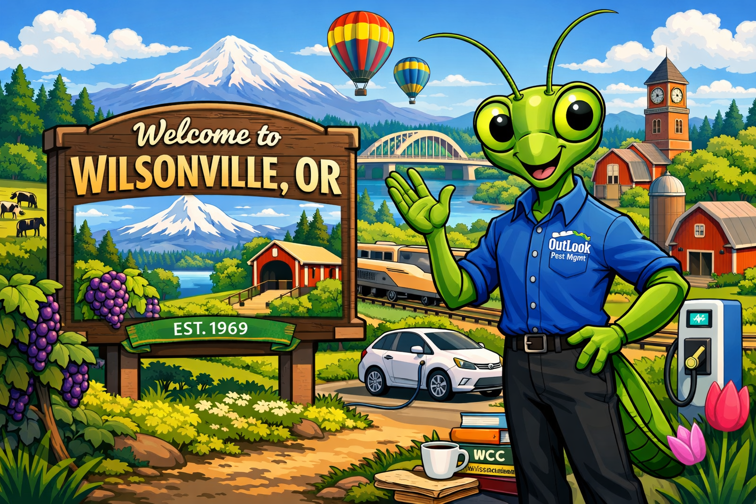 Welcome to Wilsonville, OR – OutLook Pest Management proudly providing local pest control services Cartoon Manny the Mantis from OutLook Pest Management wearing a blue uniform standing next to a “Welcome to Wilsonville, OR” sign with vineyards, Mount Hood, hot air balloons, and suburban homes in the background
