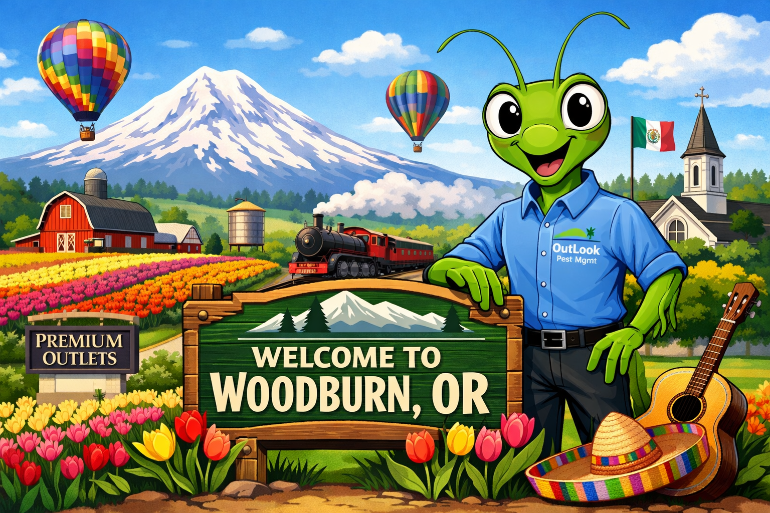 OutLook Pest Management banner with Manny the Mantis welcoming customers to Woodburn, Oregon, highlighting local pest control services for homes and businesses in the Woodburn area. OutLook Pest Management featuring Manny the Mantis in a blue button-up shirt with the OutLook Pest Mgmt logo and black pants standing beside a “Welcome to Woodburn, OR” sign, with tulip fields, local farmland, Mount Hood, and Woodburn area landmarks in the background, promoting pest control services in Woodburn, Oregon.