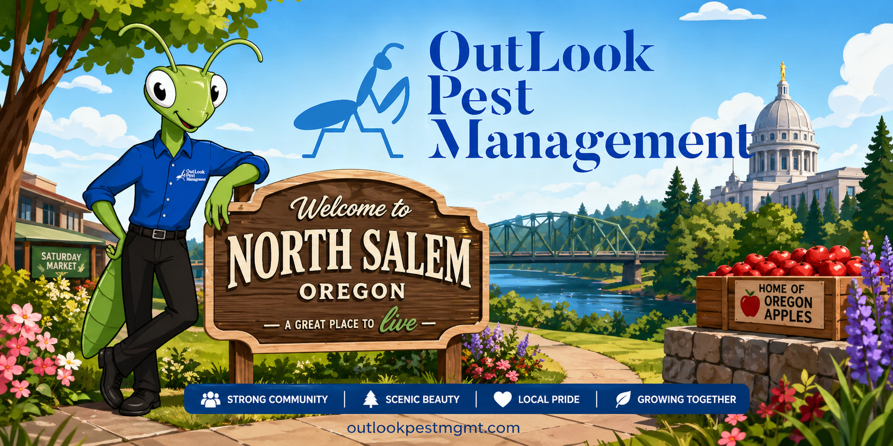 Welcome to North Salem, OR — Local Pest Protection with No Contracts Ever from OutLook Pest Management. Cartoon pest control banner for North Salem Oregon featuring Manny the Mantis in blue OutLook Pest Management uniform beside Welcome to North Salem sign, Oregon Capitol, Willamette River bridge, local orchard imagery and OutLook Pest Management logo promoting residential and commercial pest control services in North Salem OR.